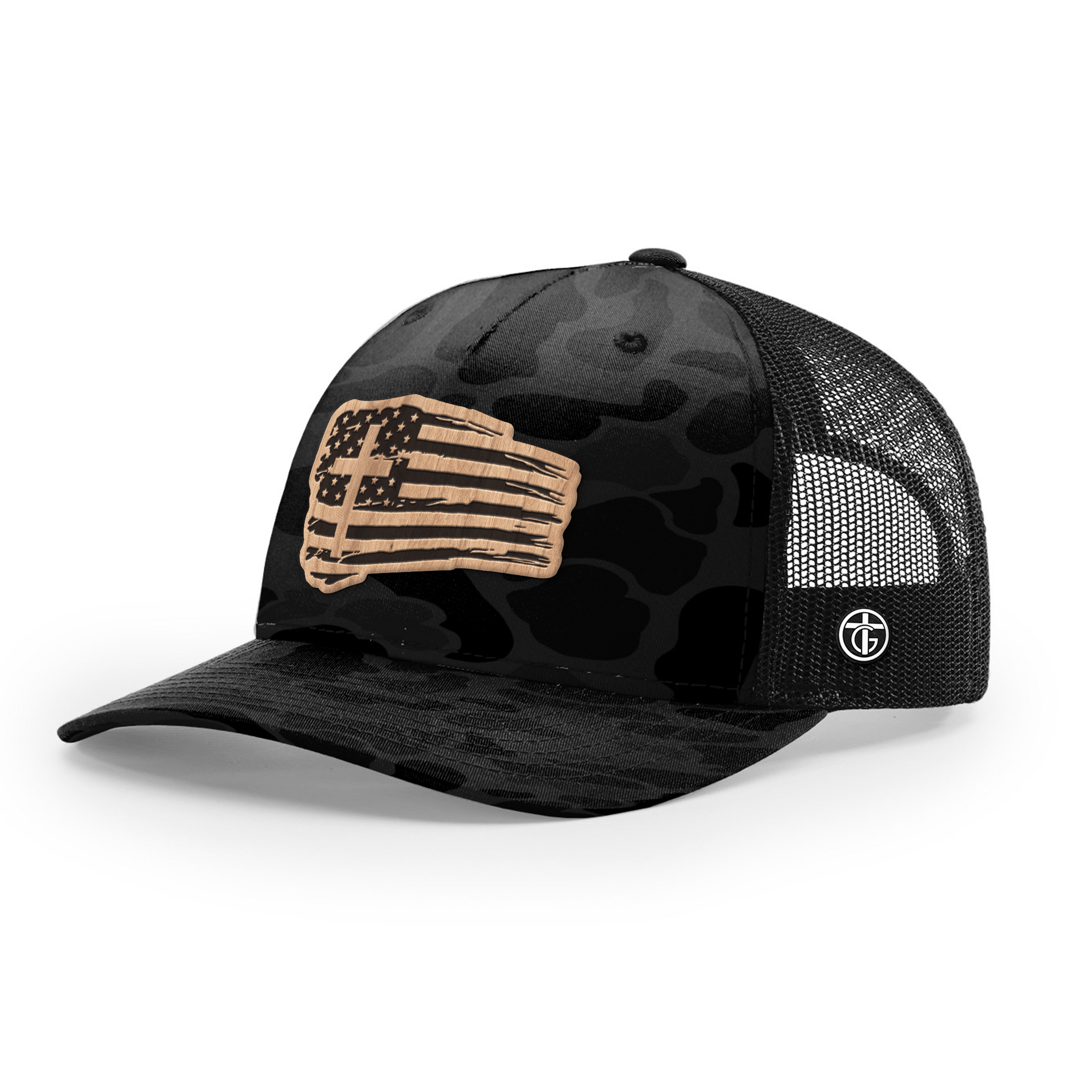 OurTrueGod Customs Hat Snapback / Sable Duck Camo and Black / One Size Tattered Flag Wood Patch Camo Hats