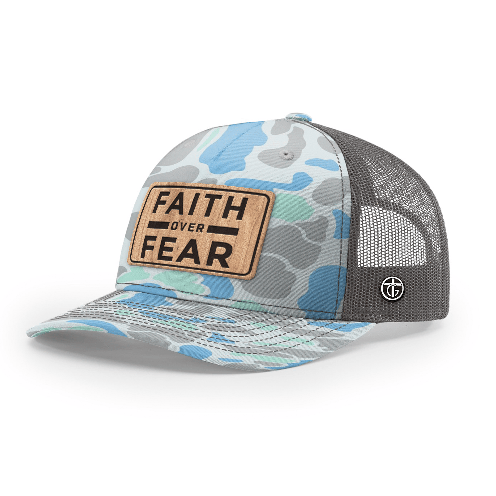 OurTrueGod Customs Hat Snapback / Saltwater Duck Camo and Charcoal / One Size Faith Over Fear Camo Wood Patch Camo Hats