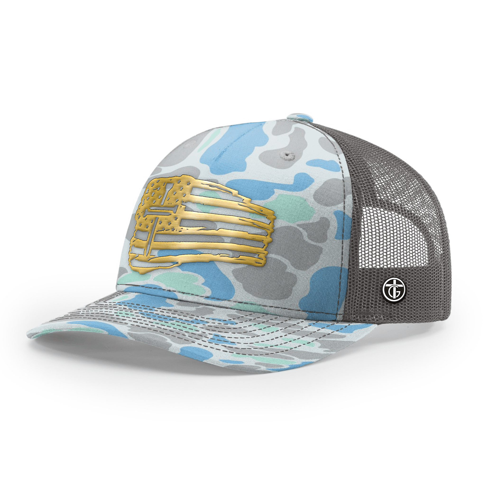 OurTrueGod Customs Hat Snapback / Saltwater Duck Camo and Charcoal / One Size Tattered Flag Cross Gold Metal Patch Camo Hats
