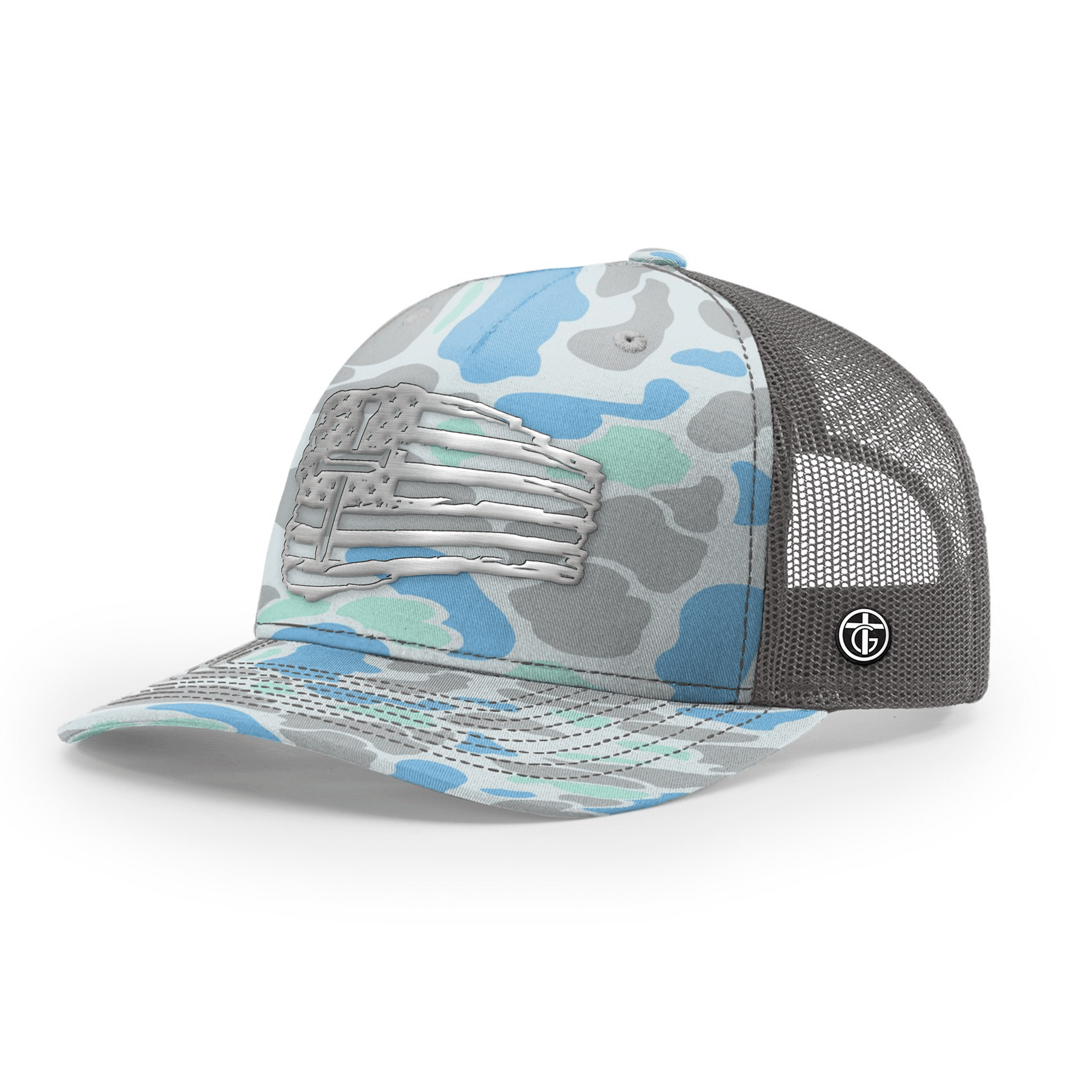 OurTrueGod Customs Hat Snapback / Saltwater Duck Camo and Charcoal / One Size Tattered Flag Cross Silver Metal Patch Camo Hats