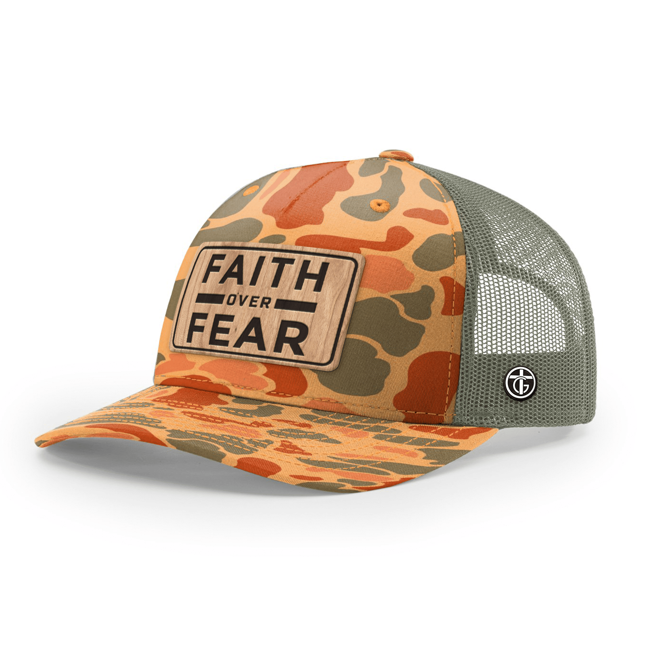 OurTrueGod Customs Hat Snapback / Sienna Duck Camo and Loden / One Size Faith Over Fear Camo Wood Patch Camo Hats