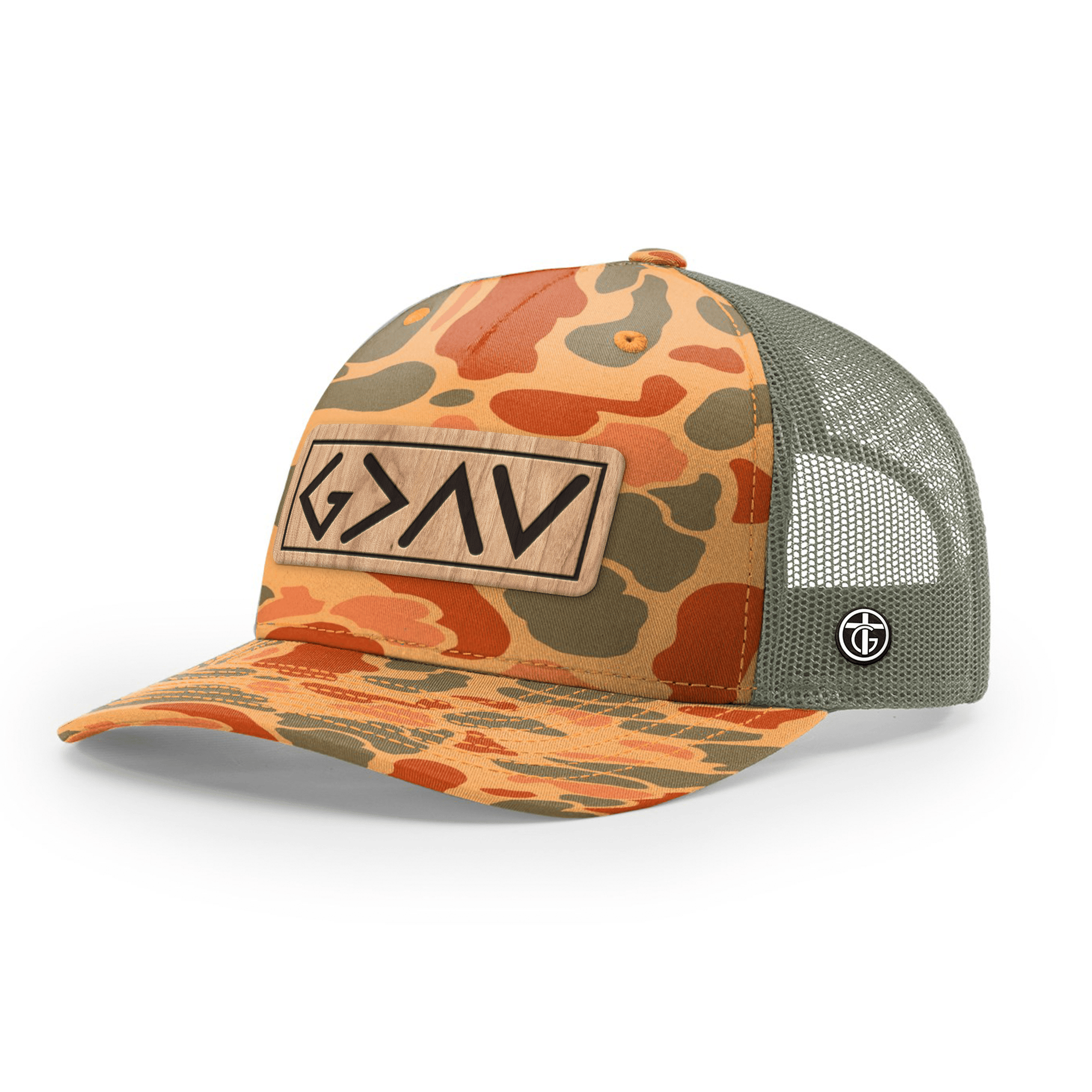 OurTrueGod Customs Hat Snapback / Sienna Duck Camo and Loden / One Size God Is Greater Than The Highs And Lows Wood Patch Camo Hats