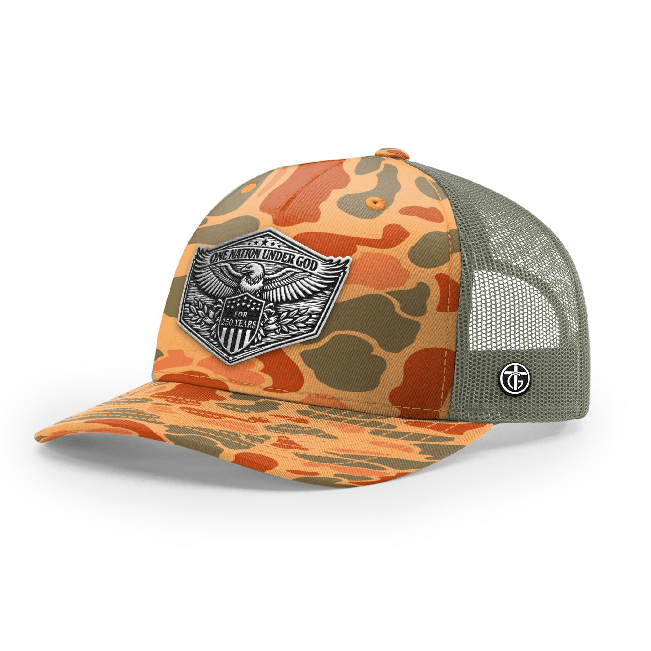 OurTrueGod Customs Hat Snapback / Sienna Duck Camo and Loden / One Size One Nation Under God 250th Year Hat