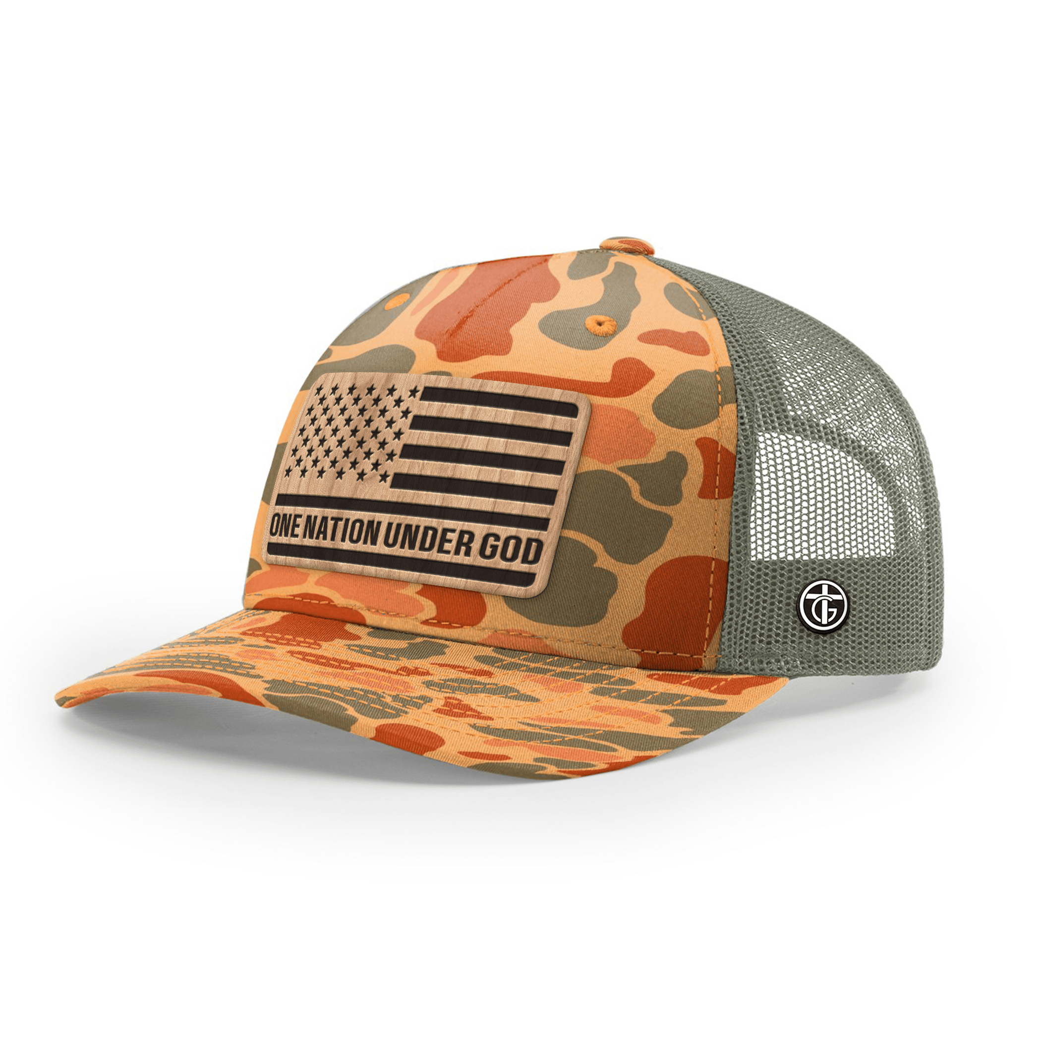 OurTrueGod Customs Hat Snapback / Sienna Duck Camo and Loden / One Size One Nation Under God Wood Patch Camo Hats