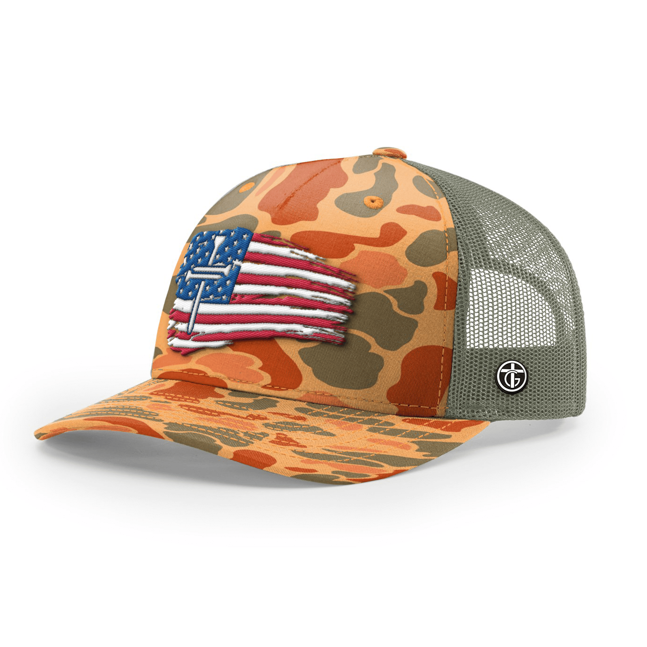 OurTrueGod Customs Hat Snapback / Sienna Duck Camo and Loden / One Size Tattered Flag Cross Camo Hats