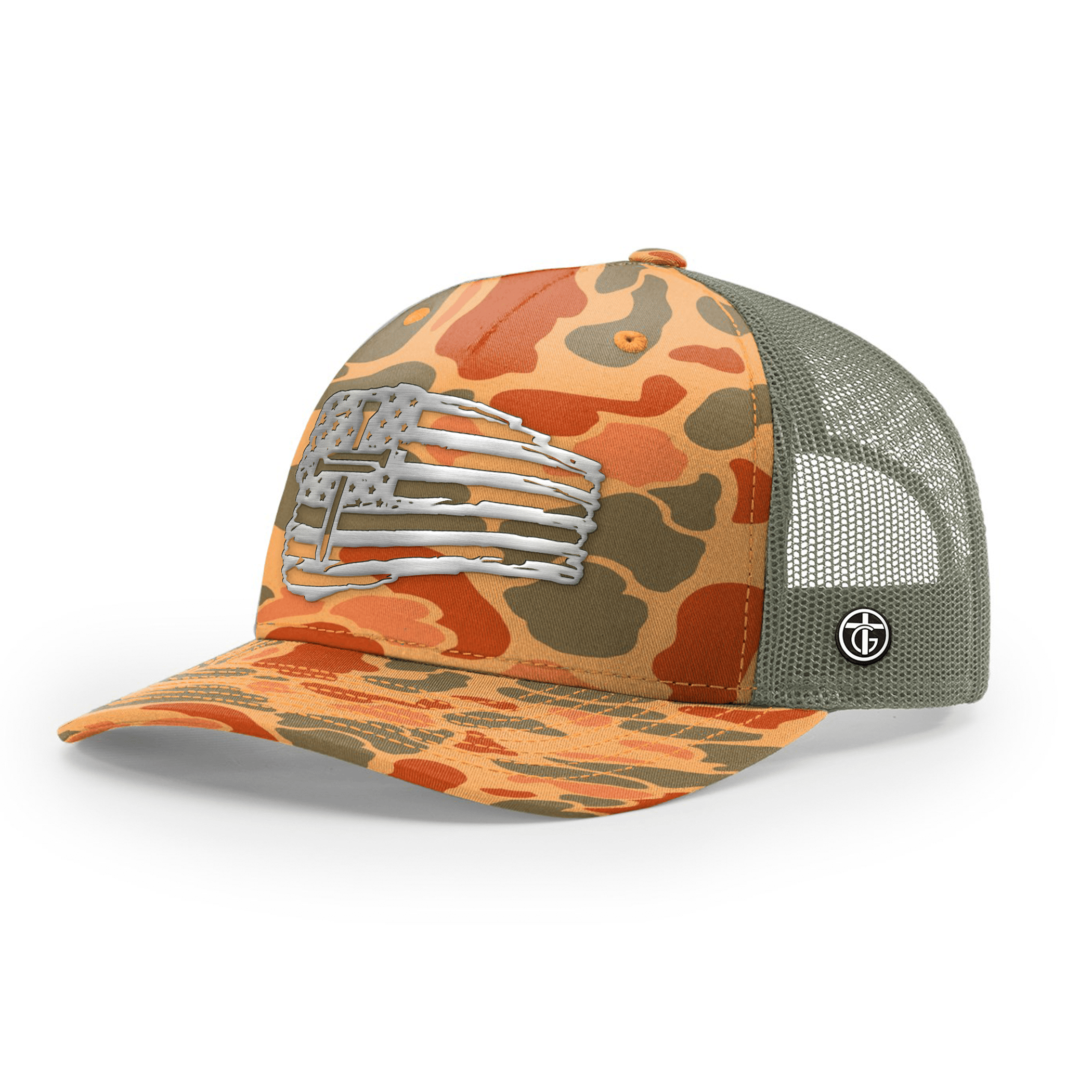 OurTrueGod Customs Hat Snapback / Sienna Duck Camo and Loden / One Size Tattered Flag Cross Silver Metal Patch Camo Hats