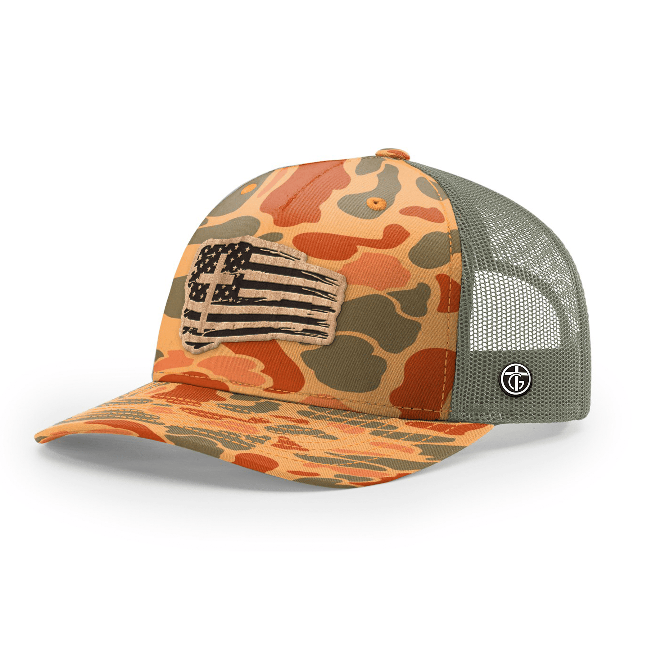 OurTrueGod Customs Hat Snapback / Sienna Duck Camo and Loden / One Size Tattered Flag Wood Patch Camo Hats