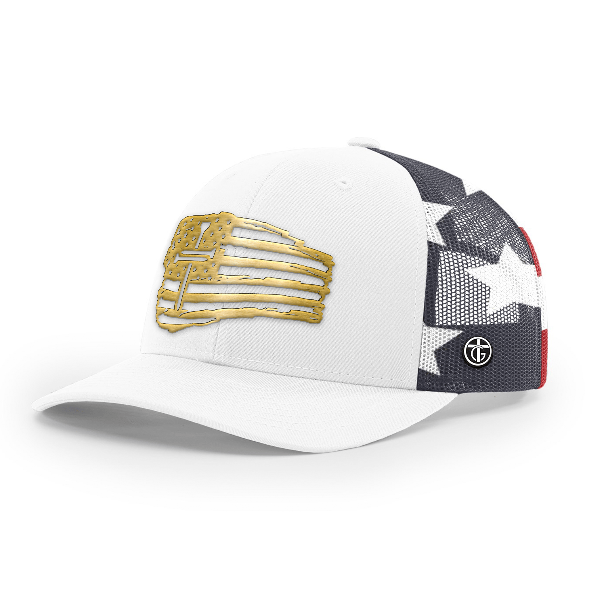 OurTrueGod Customs Hat Snapback / White and Stars Stripes / One Size Tattered Flag Cross Gold Metal Patch Camo Hats