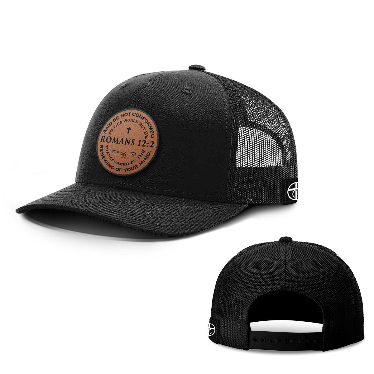 Romans 12:2 Circle Leather Patch Hats - Our True God