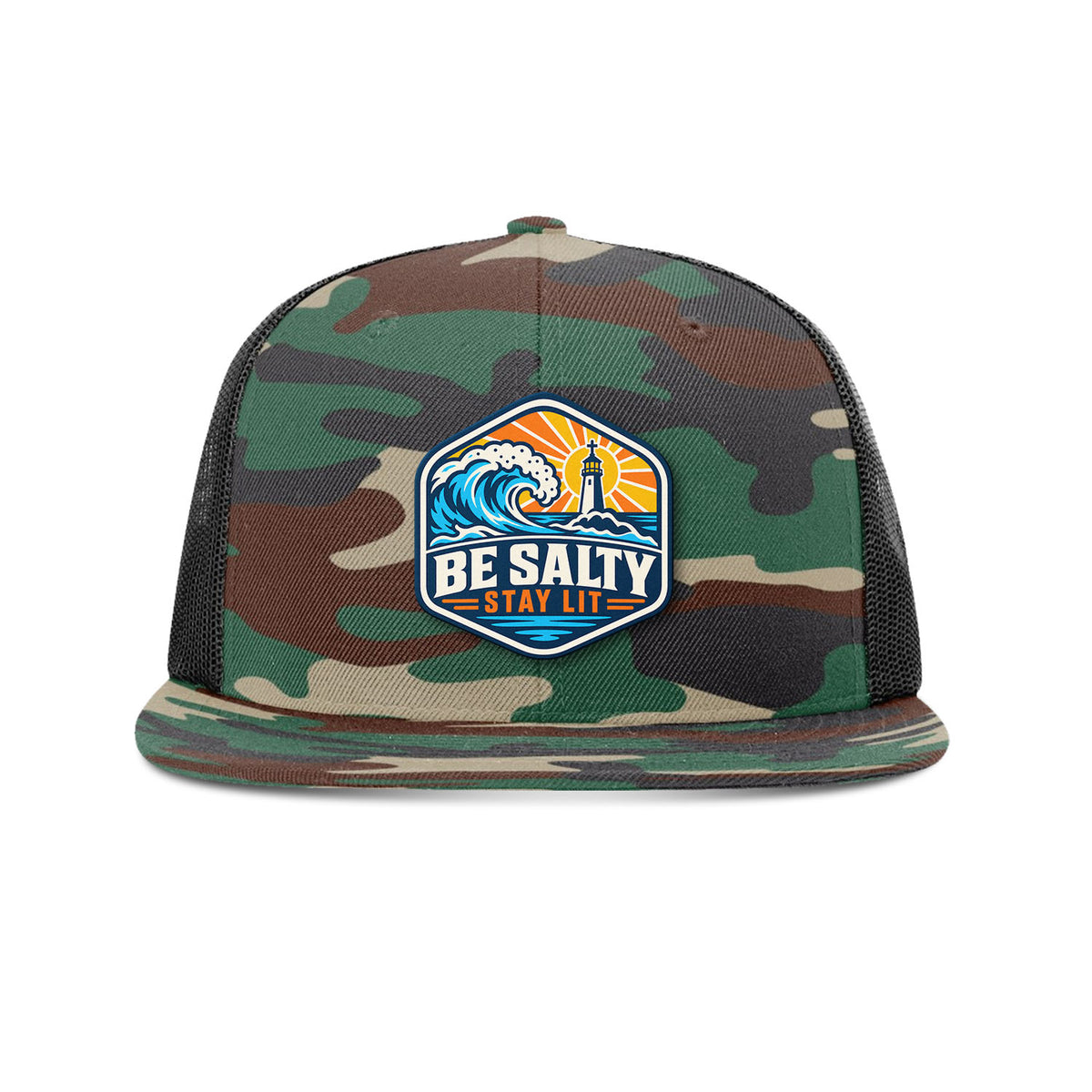 SunFrog Solutions Hat Green Camo and Black Be Salty Stay Lit Patch Trucker Hat