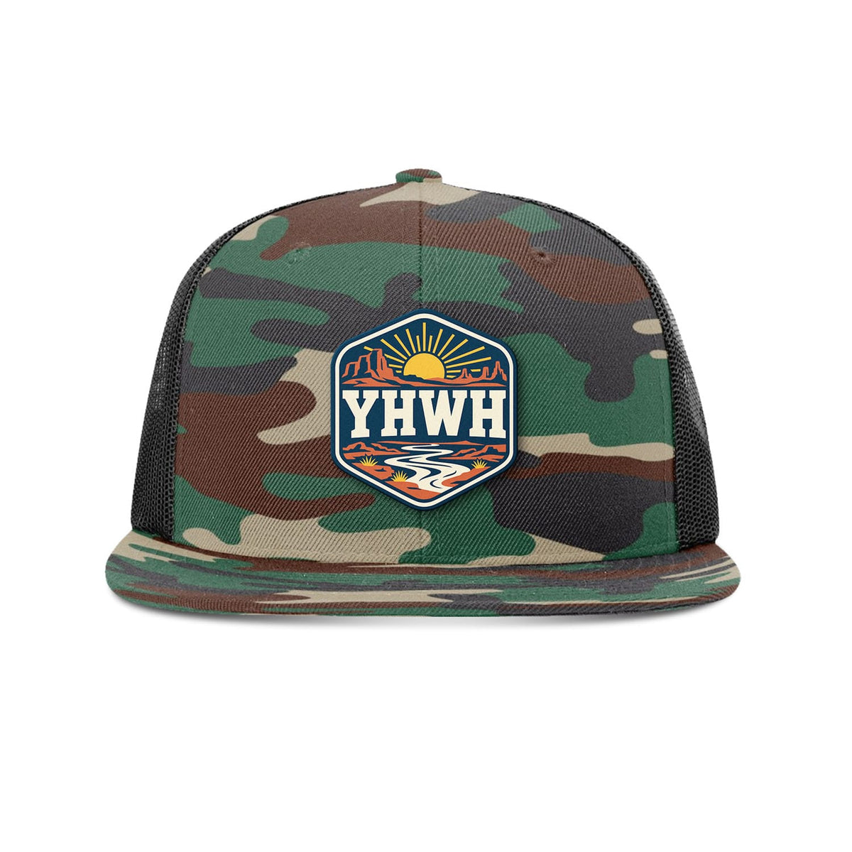 SunFrog Solutions Hat Green Camo and Black YHWH Patch Trucker Hat