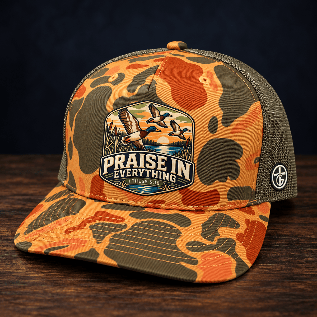 SunFrog Solutions Hat Sienna Duck Camo and Loden Praise in Everything Patch Trucker Hat