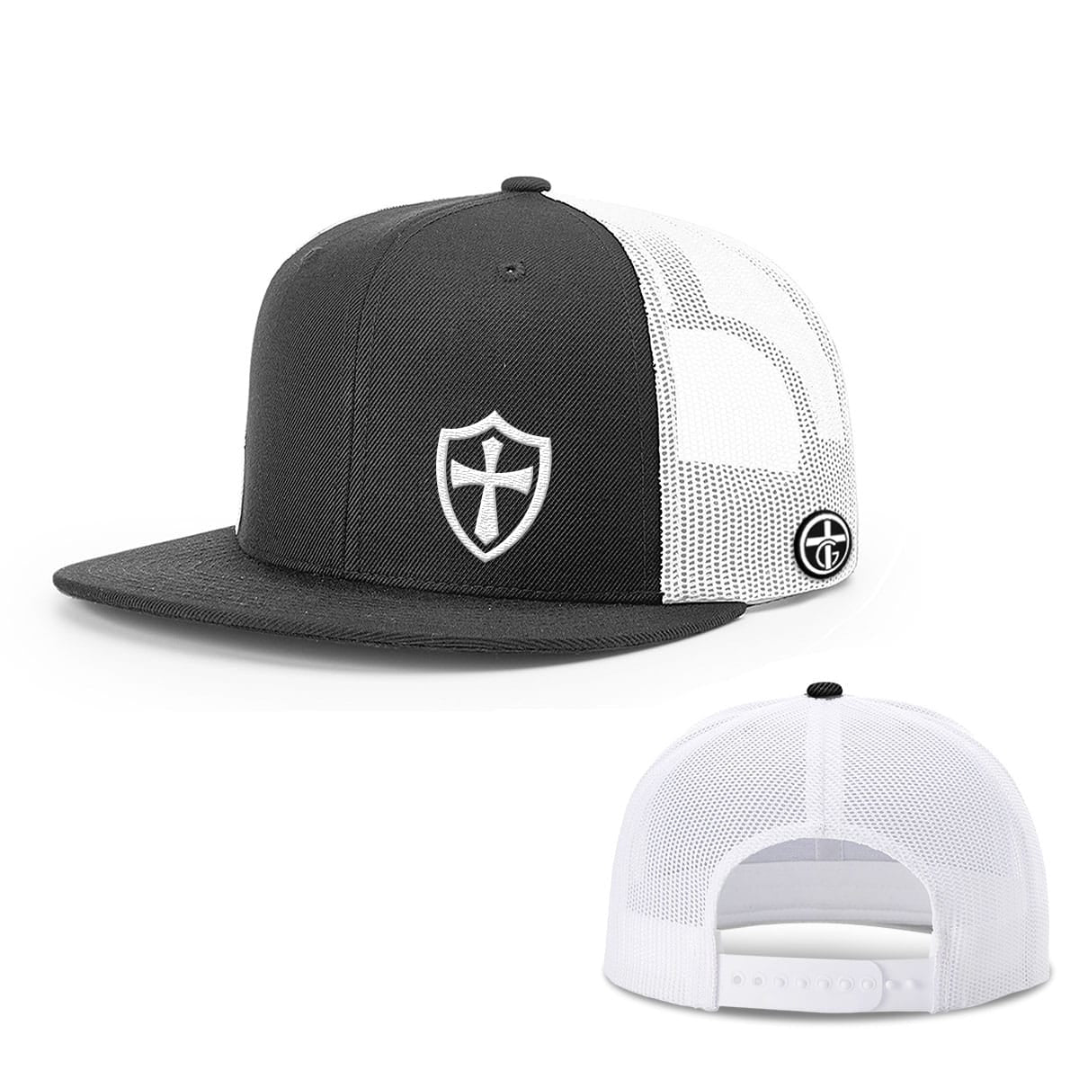 SunFrog Solutions Hat Snapback Flatbill / Black and White / One Size Cross Shield Hats