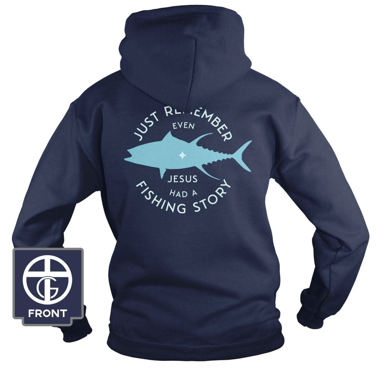 Our True God Apparel Hoodie / Navy / S Jesus Had A Fishing Story (Back Print)