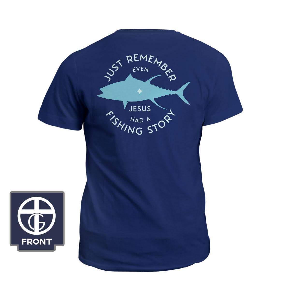 Our True God Apparel T-Shirt / Navy / S Jesus Had A Fishing Story (Back Print)