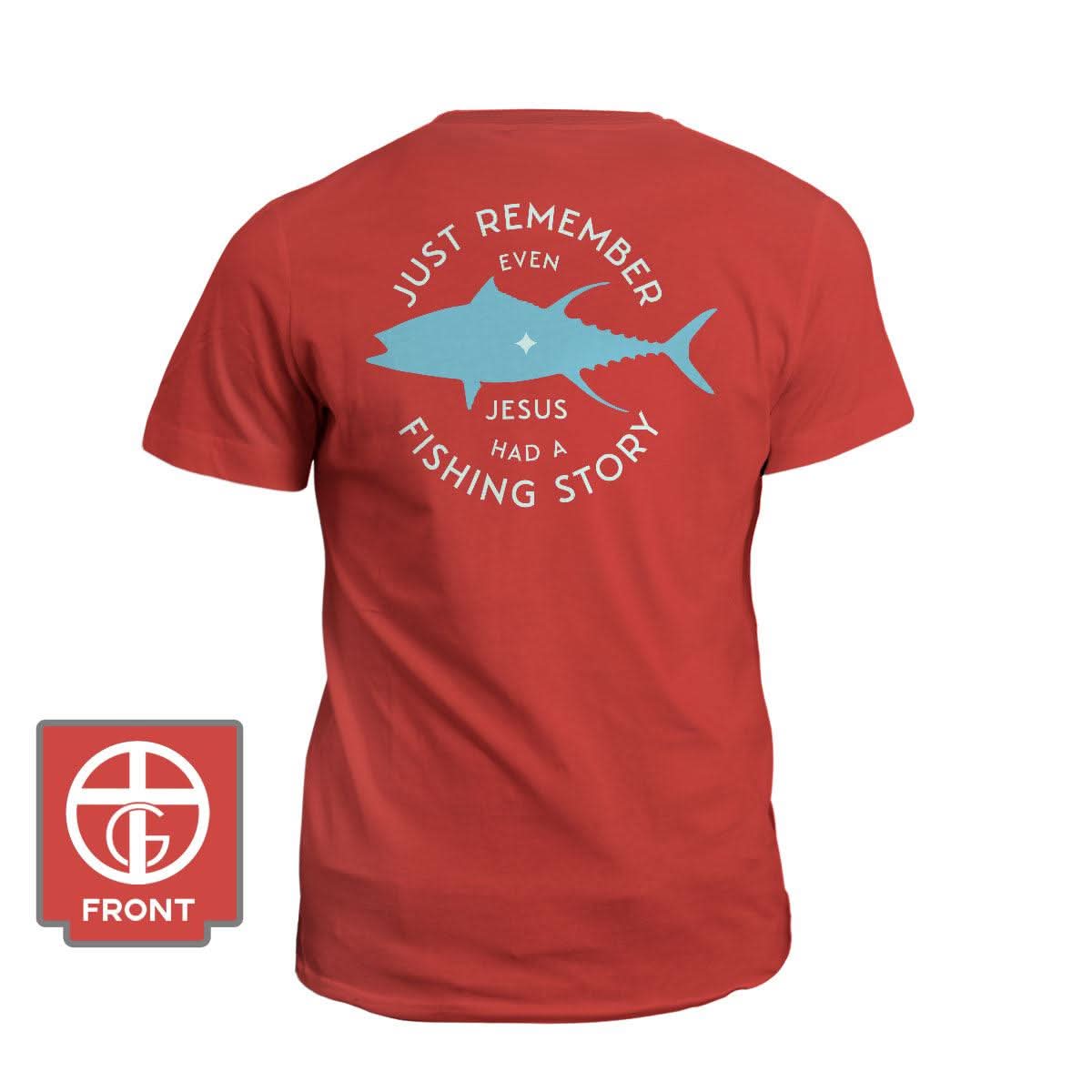 Our True God Apparel T-Shirt / Red / S Jesus Had A Fishing Story (Back Print)