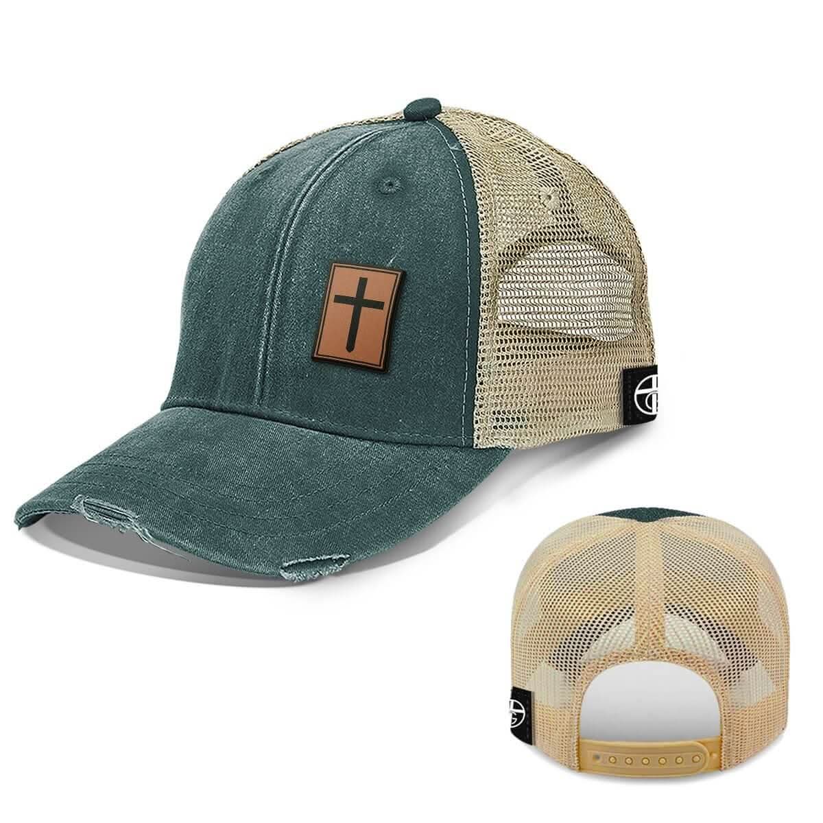 Our True God Hat Cross Lower Left Trucker Leather Patch Hats