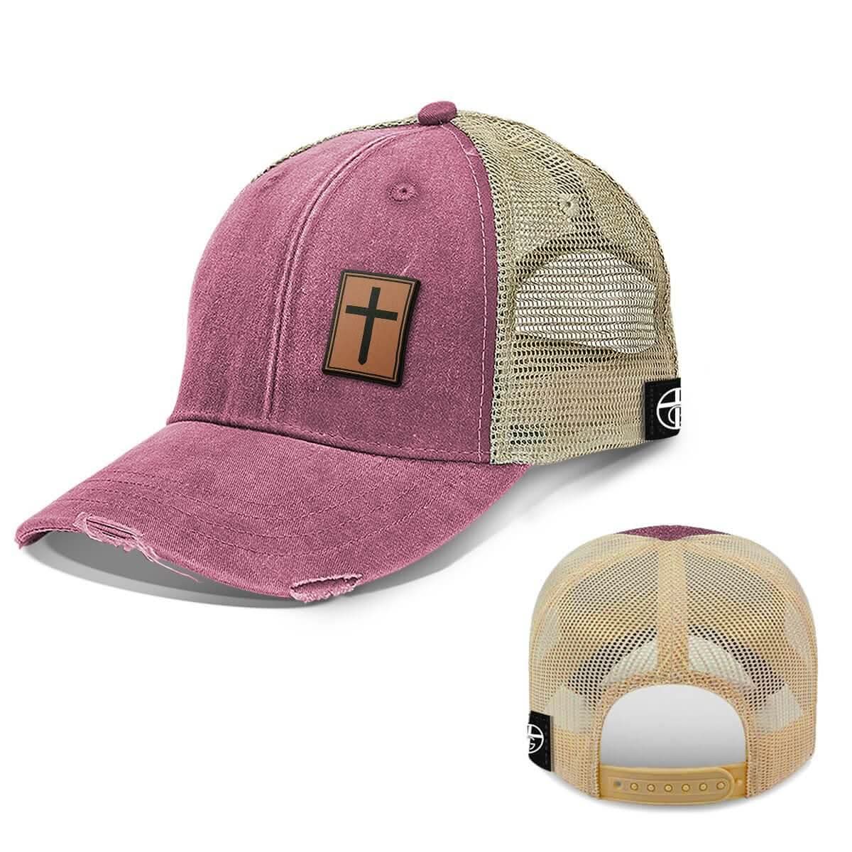 Our True God Hat Cross Lower Left Trucker Leather Patch Hats