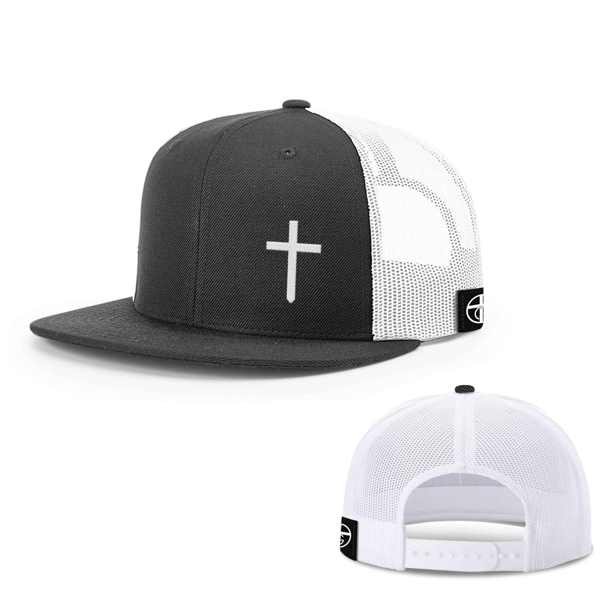 Our True God Hat Snapback Flatbill / Black and White / One Size Cross Lower-Left Embroidered Hat - Snapback, Flatbill, Flexfit