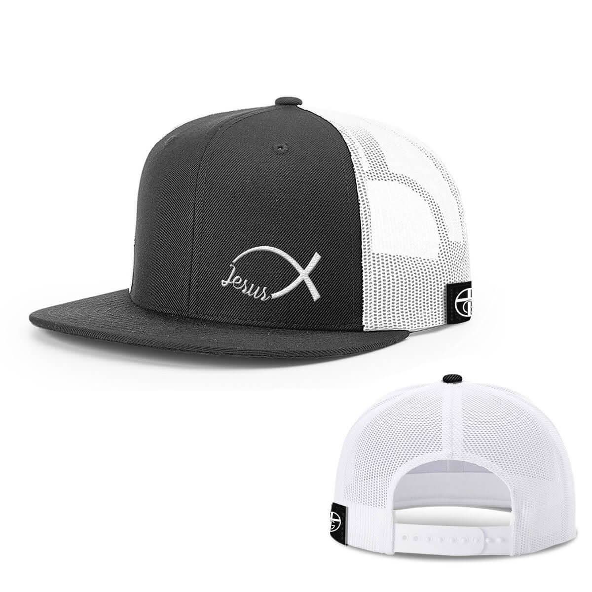Our True God Hat Snapback Flatbill / Black and White / One Size Jesus Fish Lower Left Hats