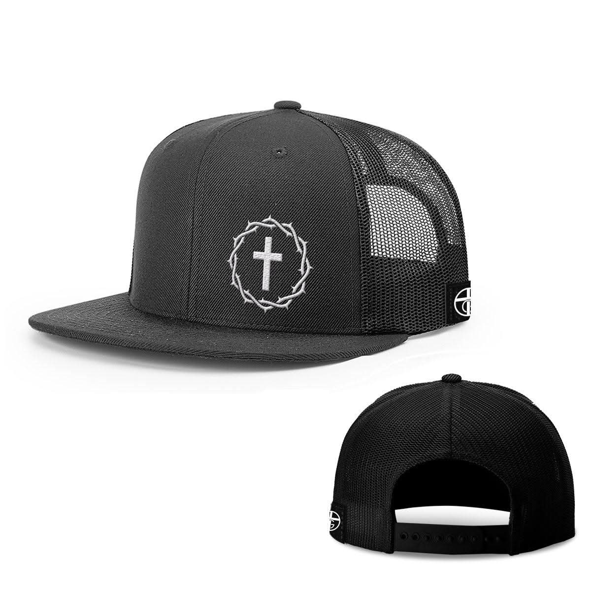 Our True God Hat Snapback Flatbill / Full Black / One Size Crown of Thorns Cross Lower Left Hats